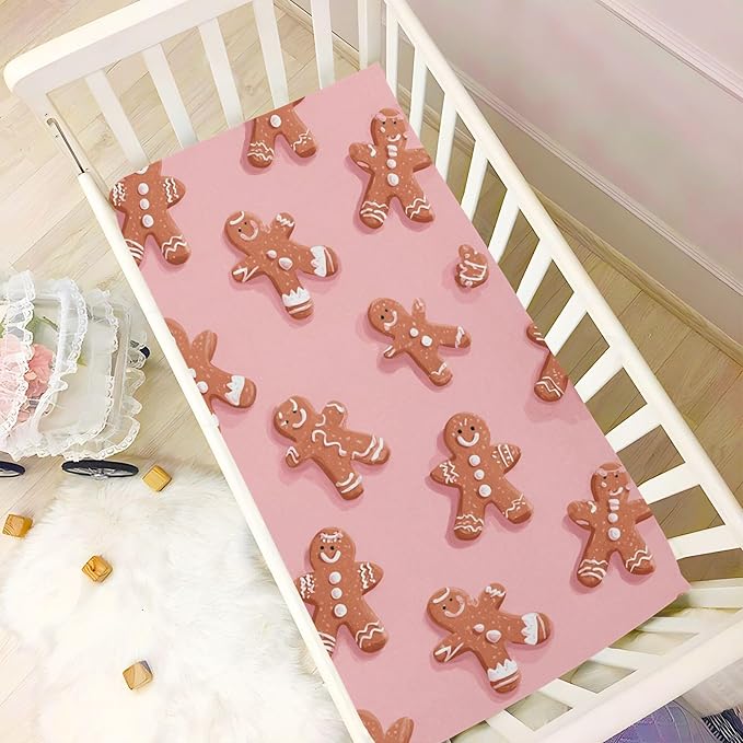 Christmas Gingerbread Pinks Cute Crib Sheets Soft Breathable Fitted Baby Crib Sheets Mattress Cover for Girls Boys, 52" x 28" x 9"