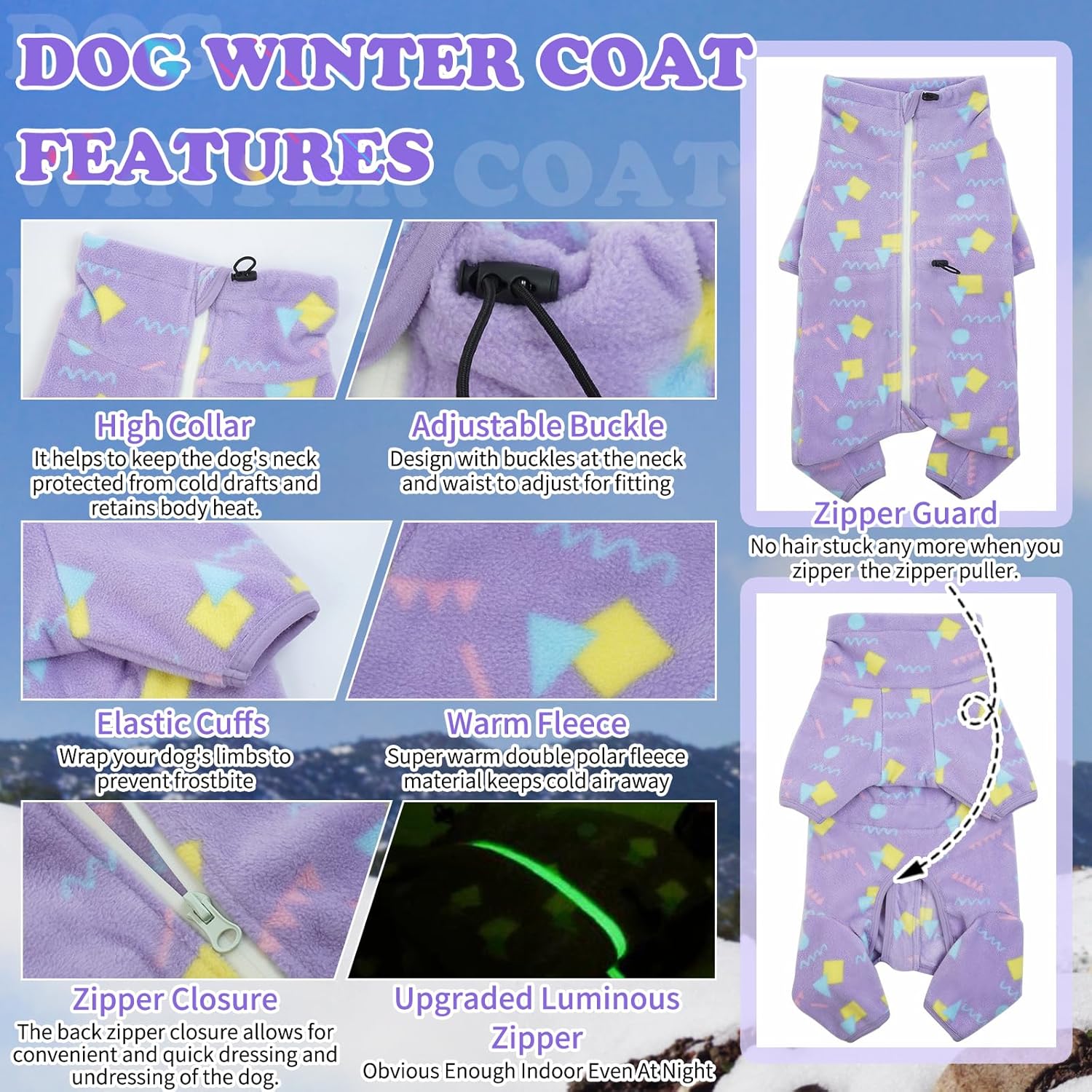 ROZKITCH Dog Fleece Coat, Pet Windproof Warm Cold Weather Jacket Vest with Luminous Zipper, Jumpsuit Apparel Outfit Clothes for Small Medium Large Dog Geometry L