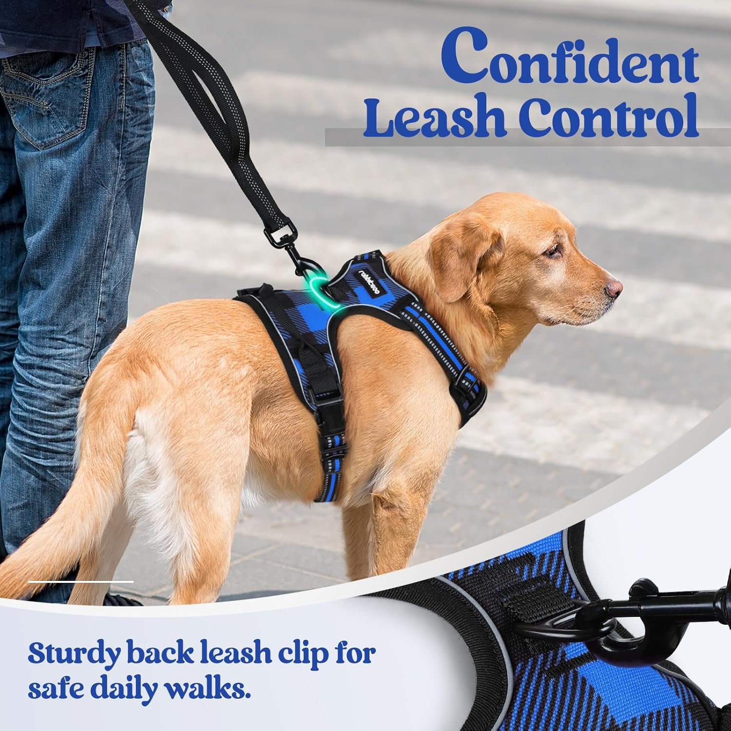 rabbitgoo Dog Harness No Pull with 2 Leash Clips, Adjustable Soft Padded, Reflective Oxford No Choke Pet Vest with Easy Control Handle for Large Dogs, Blue Plaid, L