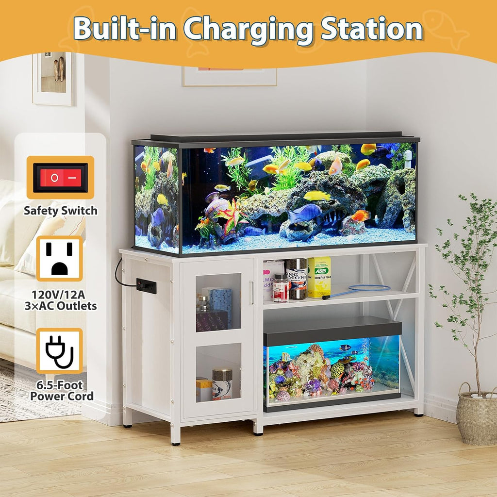 55-75 Gallon Fish Tank Stand with Cabinet, Aquarium Stand for Fish Tank Accessories Storage, Heavy Duty Metal Terrarium Stand, 52" L*19" W Tabletop, 1200LBS Capacity, White
