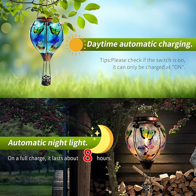 Glass Solar Hot Air Balloon Lantern with Flame Hanging Garden Flickering Light Outdoor Waterproof for Yard Patio Tree Mother's Day Gift, Butterfly