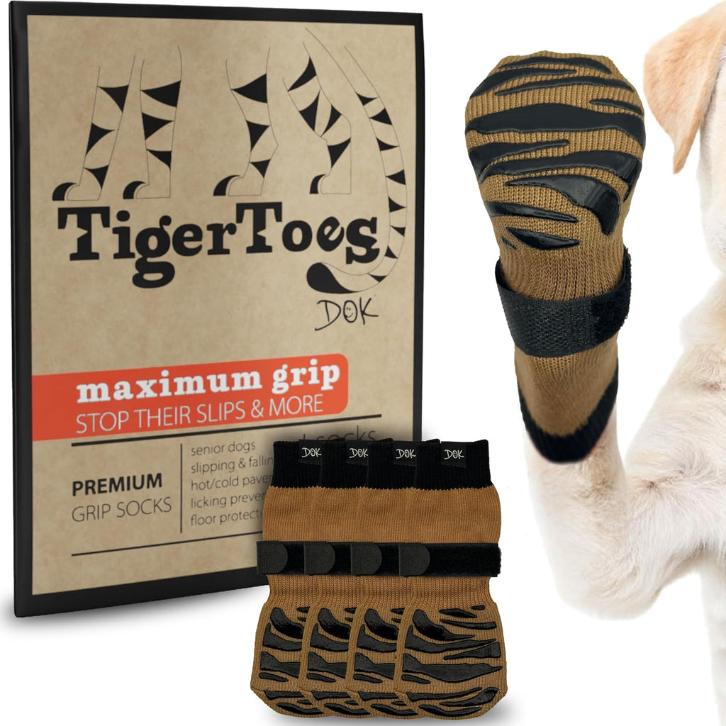 DOK TigerToes Premium Non-Slip Dog Socks for Hardwood Floors - Extra-Thick Grip That Works Even When Twisted - Prevents Licking, Slipping, and Great for Dog Paw Protection (Cool Caramel, Large)