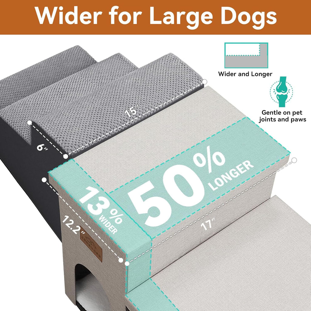 Dog Stairs with Condo 18" H, 3-Step Wider Dog Steps for High Beds Couch, Folding Storage Pet Stairs Gift for Small/Medium/Large Old Dogs Cats, Ramp for Climbing Car Up to 200 lbs, Beige
