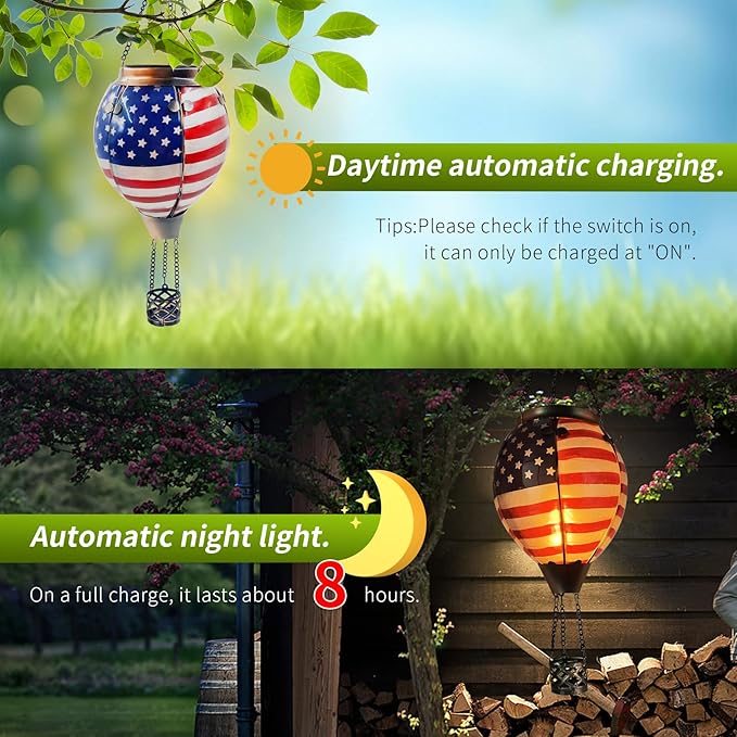 Glass Solar Hot Air Balloon Lantern with Flame Hanging Garden Flickering Light Outdoor Waterproof for Yard Patio Tree 4th of July Decorations, Flag