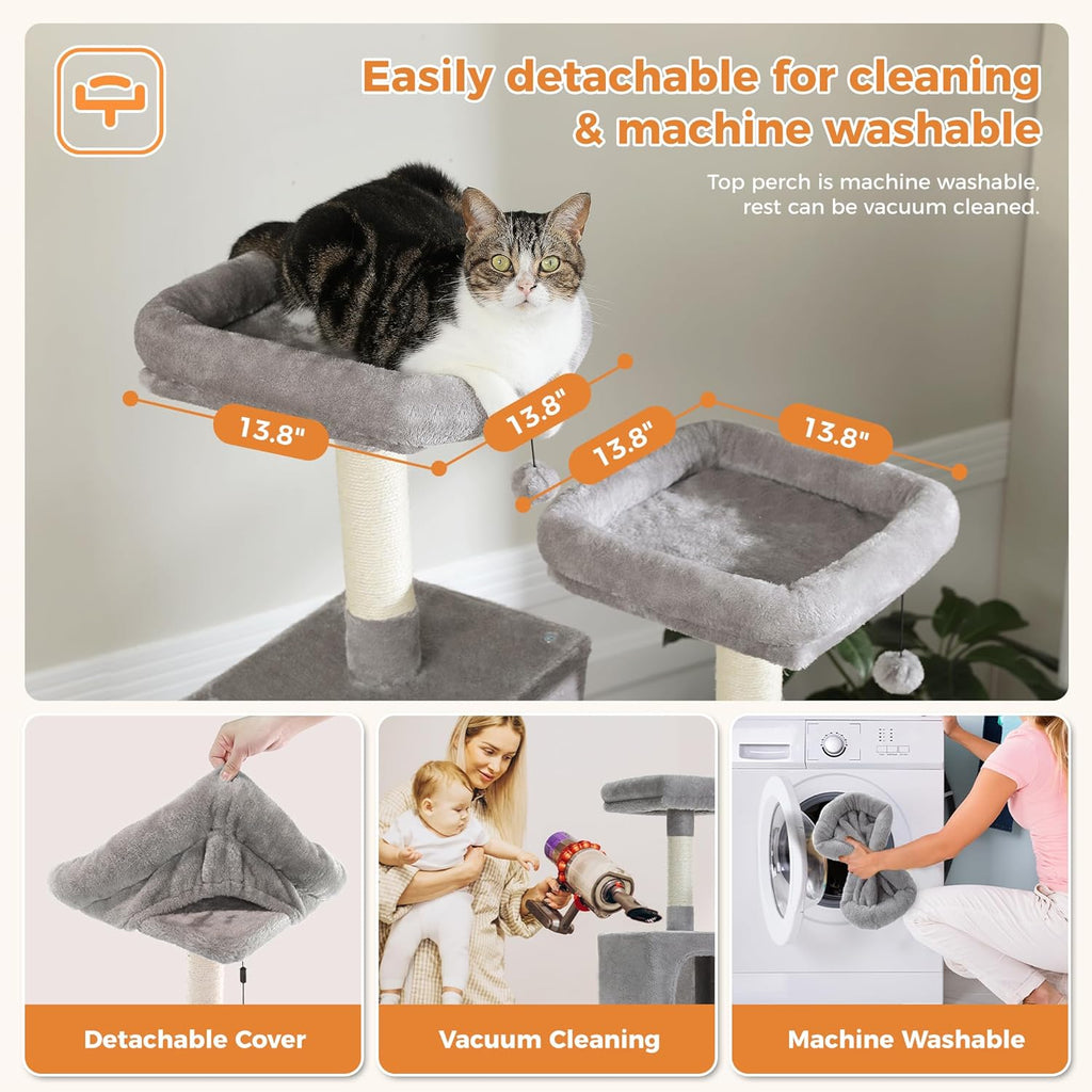 PAWZ Road 70 Inch Cat Tower, Tall Cat Tree with 2 Cozy Condos, 2 Plush Perch, Large Basket, 2 Scraching Pad & 6 Scraching Posts for Indoor Cats Large Adult, Gray