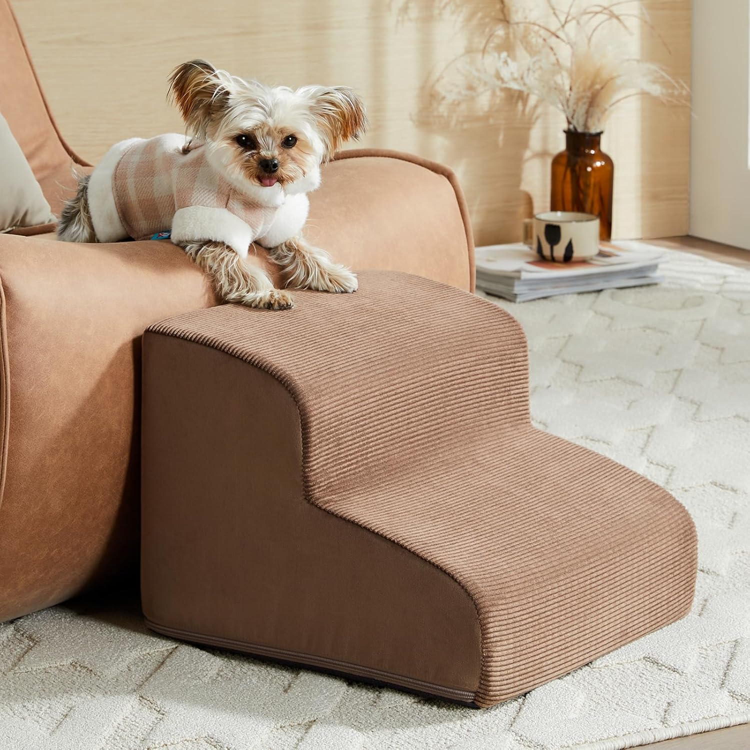 Dog Stairs for Small Dogs, 2-Steps Dog Ramp for Couch, Pet Stairs with Highly Supportive Foam and Non-Slip Bottom, Pet Steps for Cat & Doggie (High 11.8 Inch)