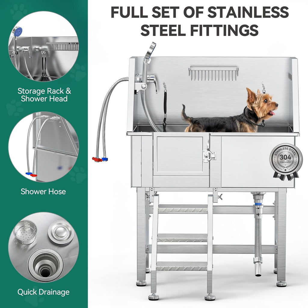 YITAHOME Dog Grooming Bathtub 38in, Professional 304 Stainless Steel Dog Bathing Station Tub w/Left Stairs, Faucet, Floor Grate, Pet Washing Station for Small, Medium, Indoor, Outdoor