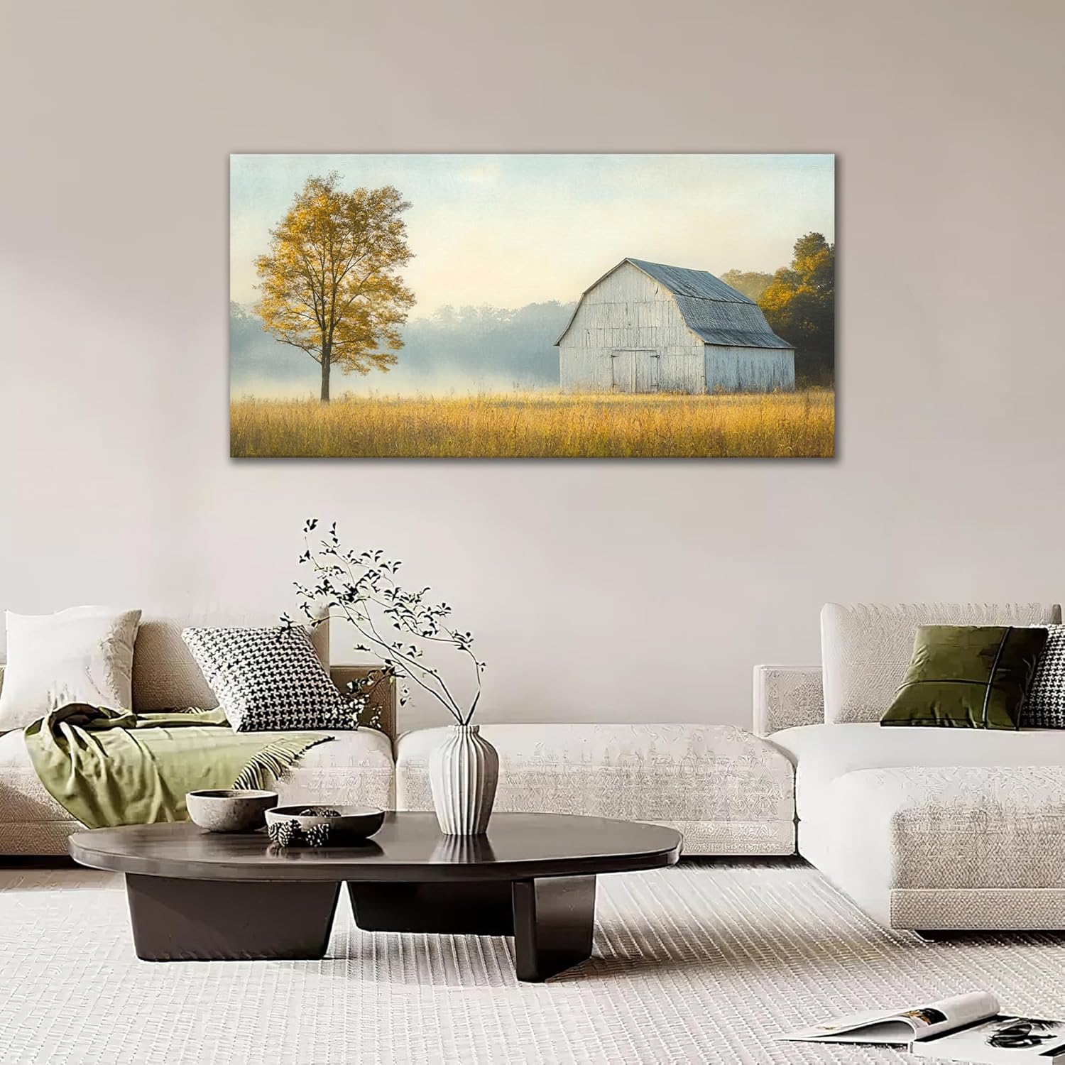 Large Farmhouse Barn Wall Art Country Landscape Canvas Living Room Rustic Tree Pictures Framed Prints Oversize Wall Decor Painting Artwork for Bedroom Dining Office Home 60"x30"