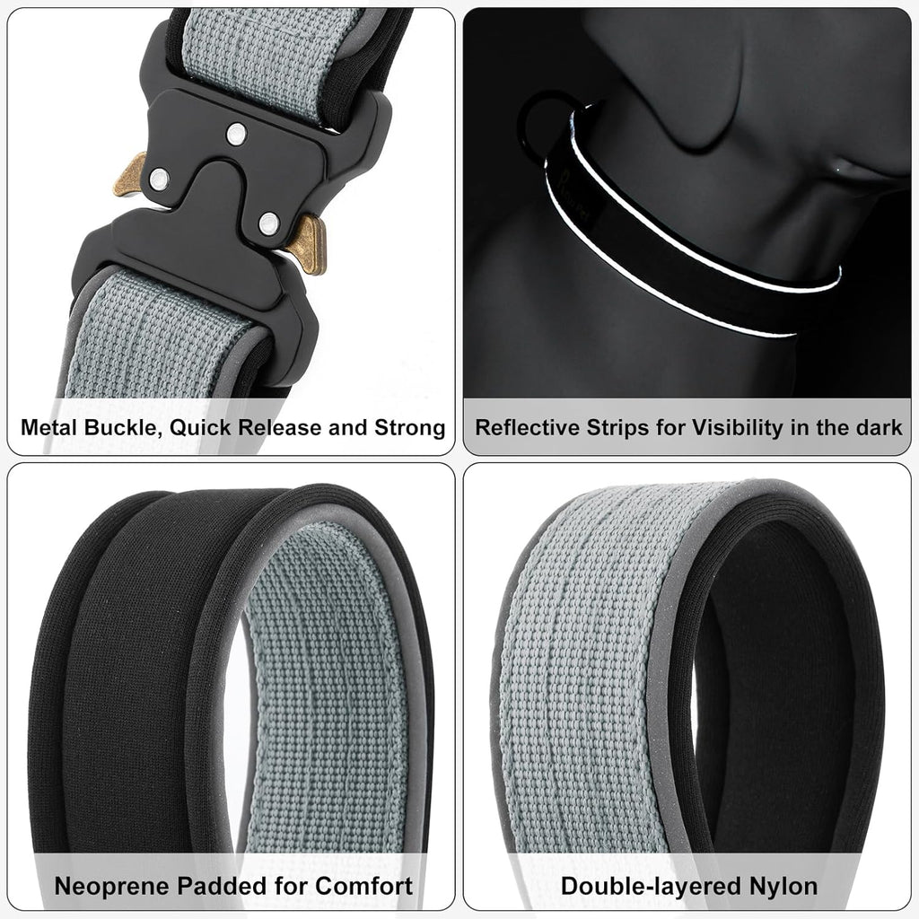 Plutus Pet Tactical Dog Collar, Reflective, Adjustable Heavy Duty Dog Collar, Soft Padded and Comfortable, for Small Medium and Large Dogs (Gray, M)