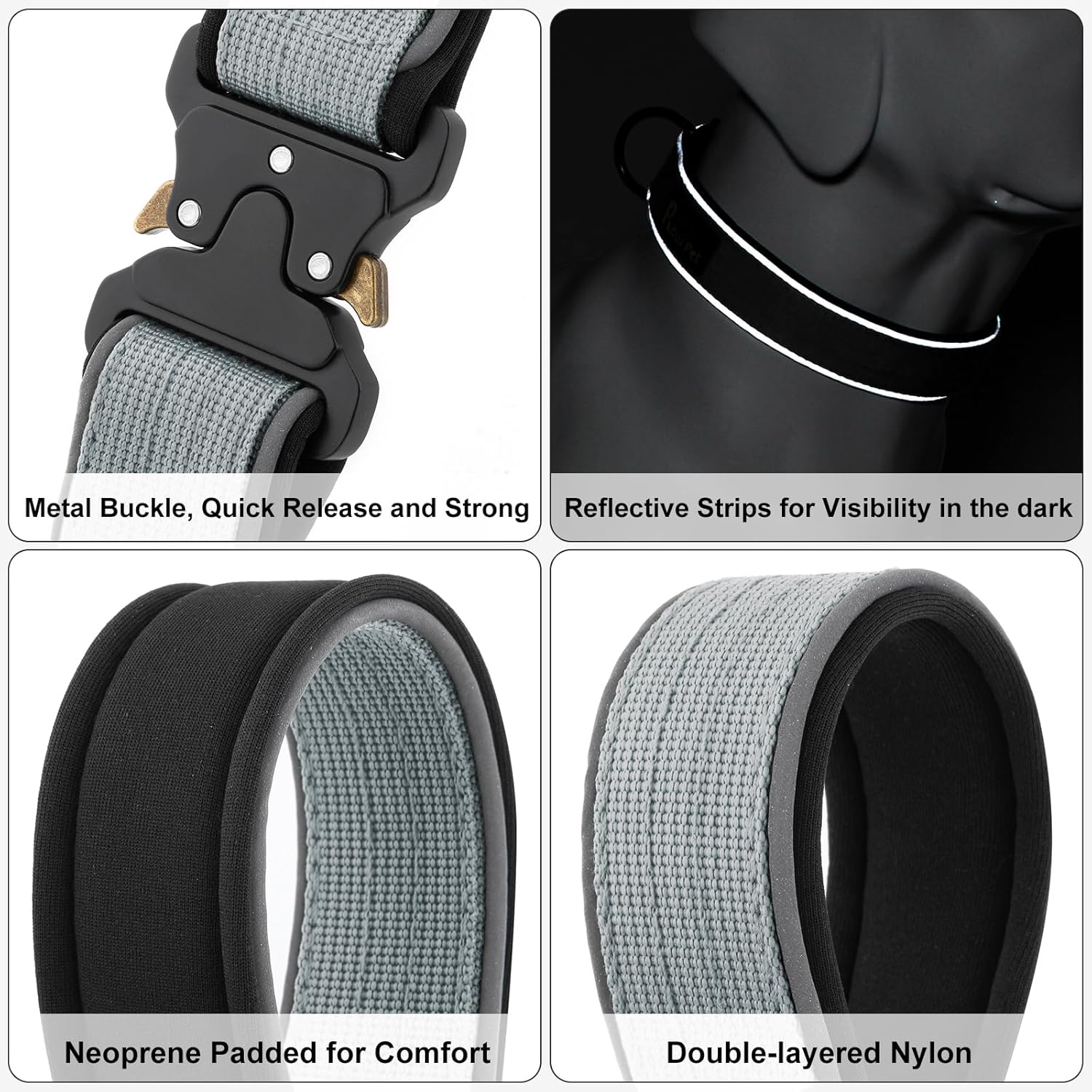 Plutus Pet Tactical Dog Collar, Reflective, Adjustable Heavy Duty Dog Collar, Soft Padded and Comfortable, for Small Medium and Large Dogs (Gray, XS)