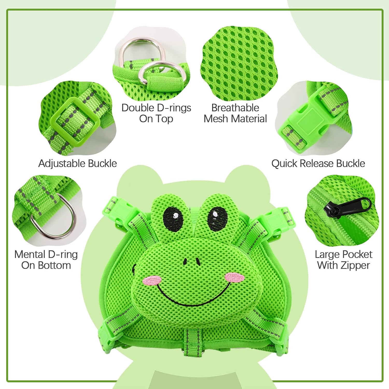 IDOMIK Dog Backpack Harness, No-Pull Dog Backpack with D-Ring for Small Medium Dogs, Cute Self Carrier Backpack for Dogs to Wear, Adjustable Doggy Backpacks for Traveling Camping Hiking, Frog, M
