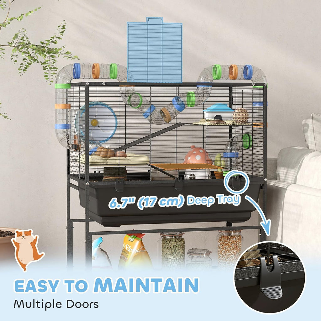 PawHut Hamster Cage with Deep Tray, 3 Tier Rolling Rat Cage with Storage Shelf, Big Exercise Wheel, Tube System, Hut, Platforms, Ramps, Food Dish, Water Bottle, for Syrian, Gerbil, Mouse