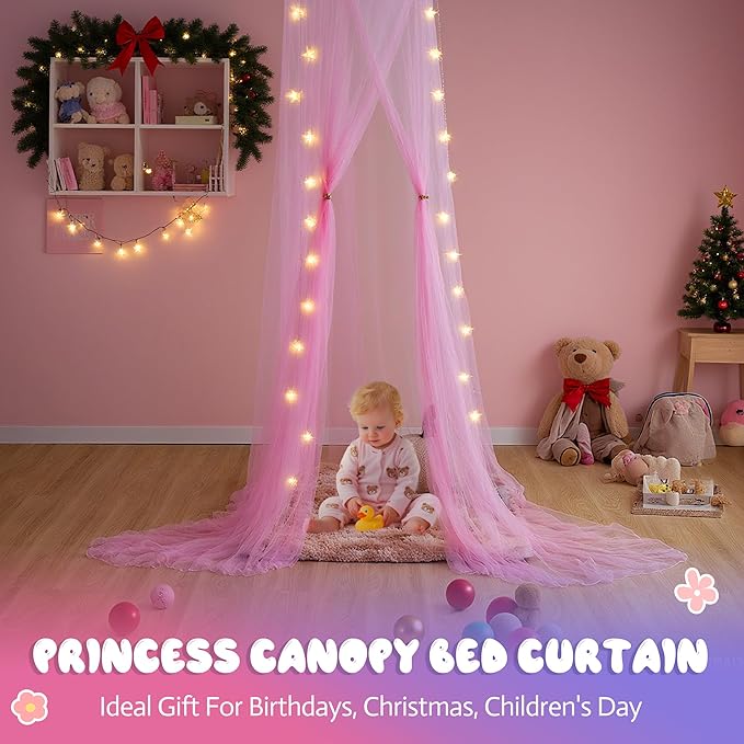 lazyzzz Bed Canopy for Girls with Glowing Stars, Canopy Bed Curtains Dome Mosquito Net for Queen King Size Kids Bed, Princess Room Decor Ceiling Tent for Baby Crib and Adult Bed
