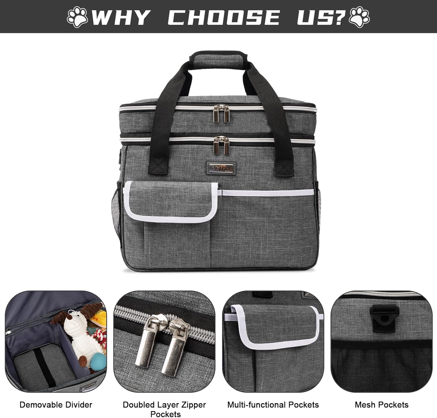BAGLHER Dog Travel Bag for Supplies - Double-Layer Airline Approved Weekend Pet Travel Organizer Set for Dog and Cat Tote with 2 Pet Food Containers and 2 Collapsible Silicone Bowls Grey