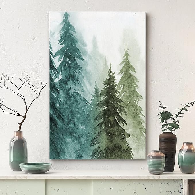 SIGNWIN Canvas Print Wall Art Woodland Nursery Decor Green & Teal Watercolor Forest Pine Trees Floral Nature Illustrations Modern Chic Dramatic Multicolor for Living Room, Bedroom, Office - 24"x36"