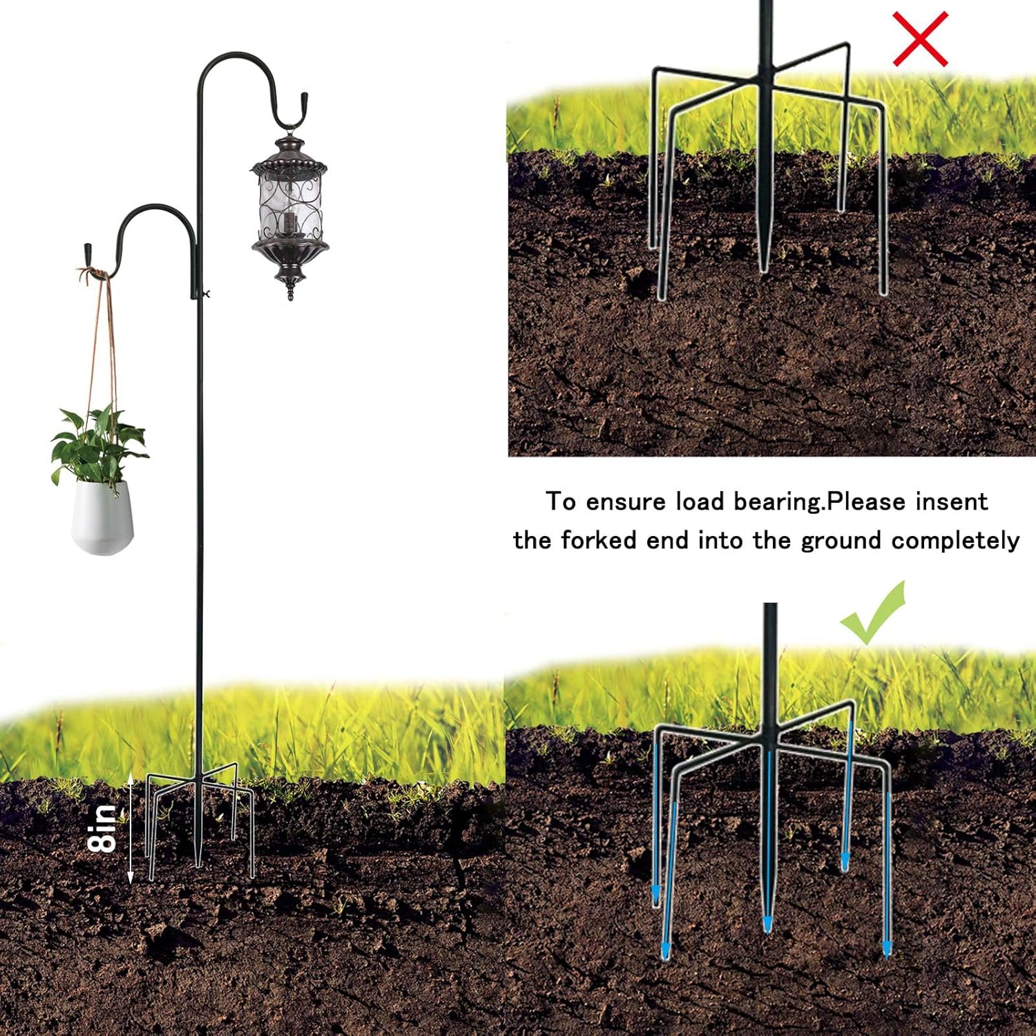MIPON 78 Inch Double Shepherds Hooks for Outdoor Bird Feeder,Hanging Plants,Solar Light,Adjustable 78/62/46/30 Inch,3/4 Inch Width Garden Shepards Hook