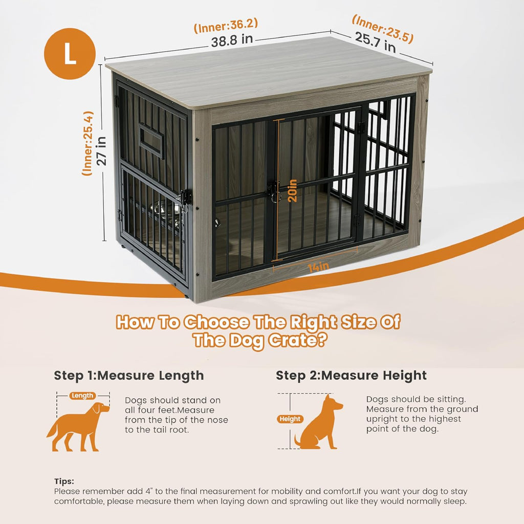 Gardner Pet Dog Crate Furniture for Medium Dogs, 38.8 Inch Dog Kennel Indoor, Wooden Dog Cage End Table with 2 Removable Bowls, Heavy Duty Dog Crate, Rustic Grey