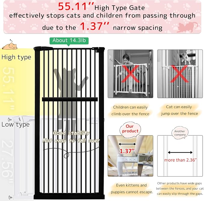 Lumizone Extra Tall Pet Gate 55.12" High Pressure Mounted 55.12"-59.24" Extra - Image 4
