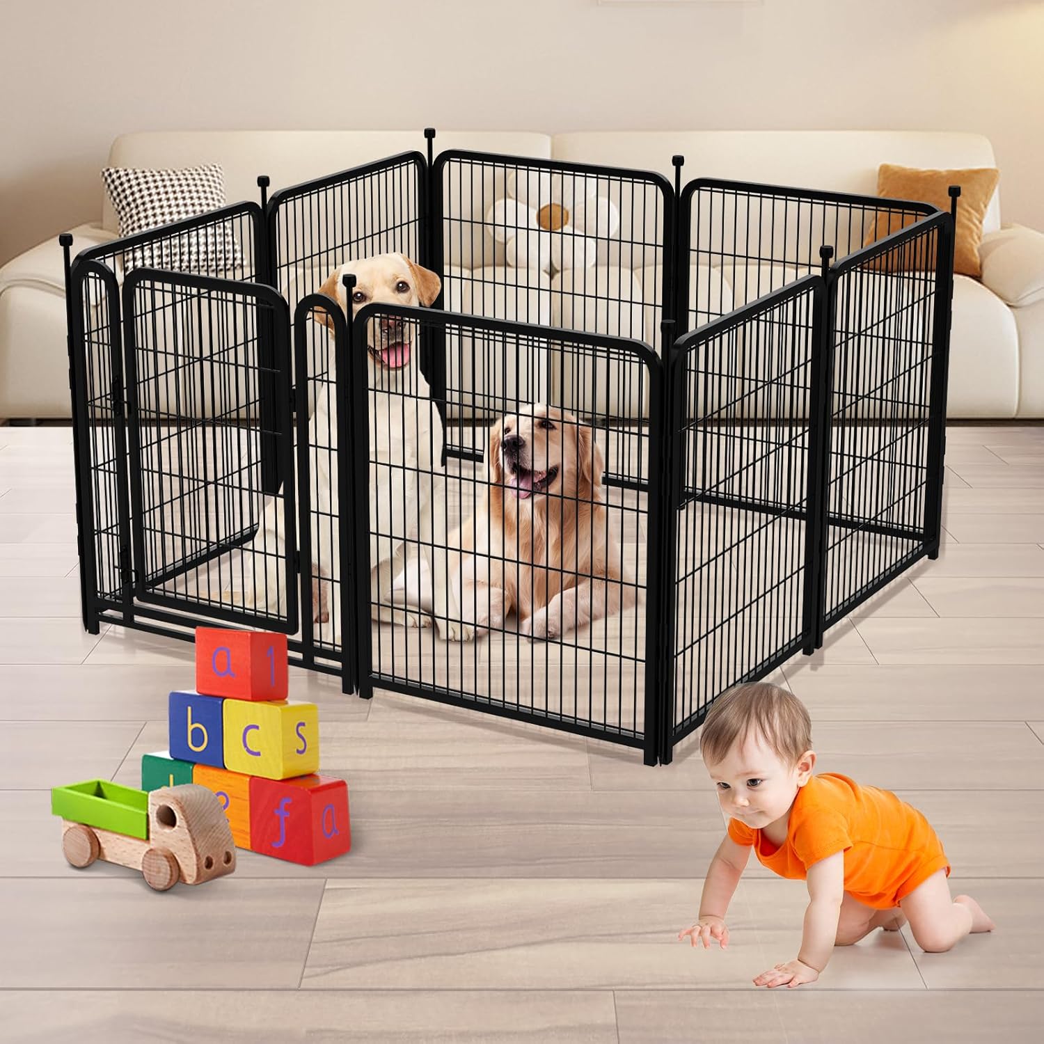 56 in(H) Decorative Garden Fence Panels, Wide Door Low Threshold, Dog Fence Outdoor for Yard. 10 Panels Total 22.1 Ft(L)，No Dig Fencing for Dogs, Black
