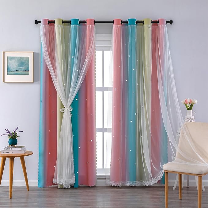 XiDi Blackout Curtains for Girls Bedroom Decor 2 Panels Set, Rainbow Star Design Ideal Drapes for Kids Room with Unicorn Theme Princess Room Decor 54 Inches Length Pink Blue Yellow 34x54