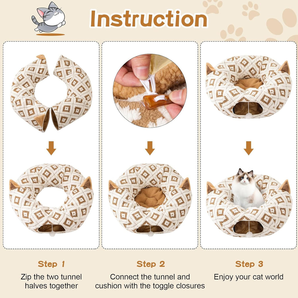 Cat Tunnel Bed for Indoor Cats, Cat Donut Tunnel with Washable Cushion, Peekaboo Cat Cave Toy, Multifunctional Playground Toys for Kittens, Rabbit, Brown Jacquard Pattern