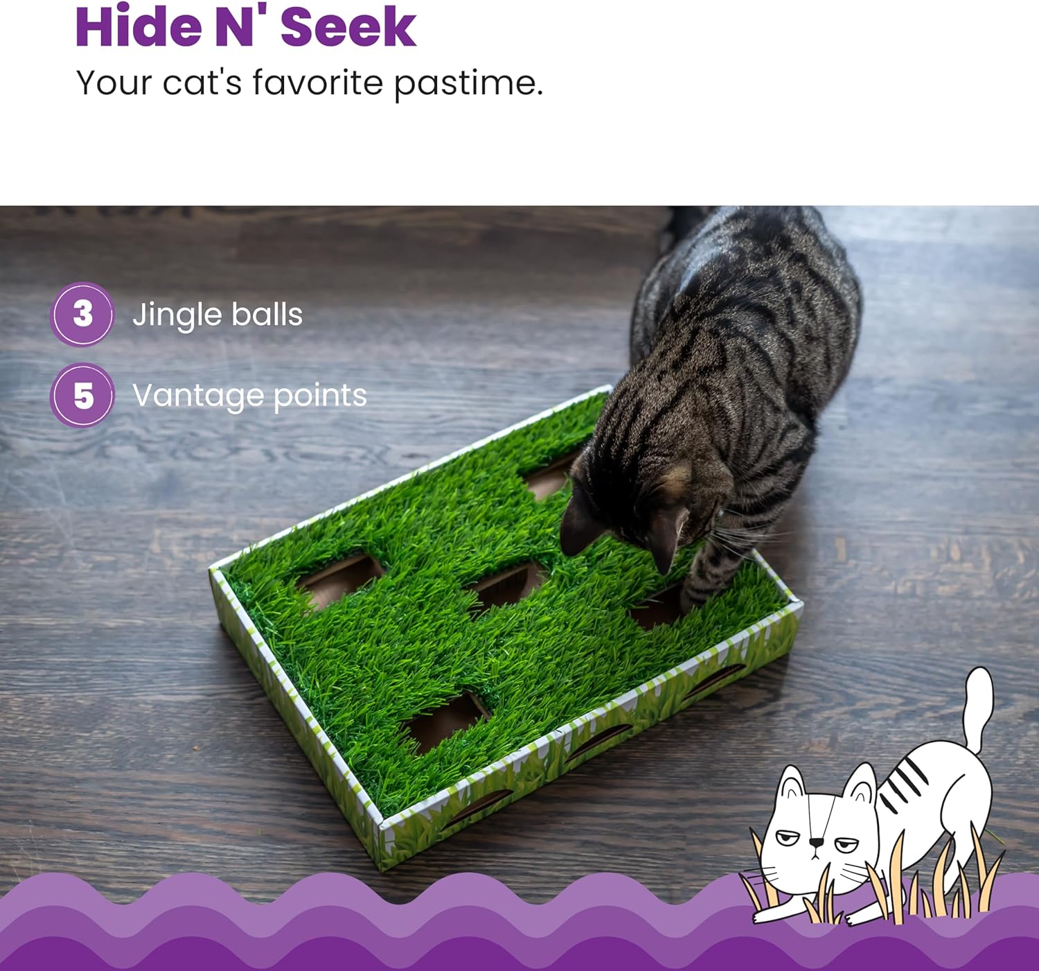 Catstages Grass Patch Hunting Box Interactive Bat & Swat Game for Indoor Cats, 3 Jingle Balls Included, Green
