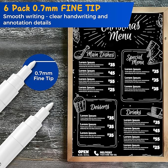 SFAIH Liquid Chalk Markers for Bhalkboard - White 8 Pack 0.7mm Fine Tip, Wet Erase Chalk Marker for Chalkboard, Menu, Bistro, Signs, Windows, Glass, Labels, Dust-Free [1s Wet Wipe] - No Residue