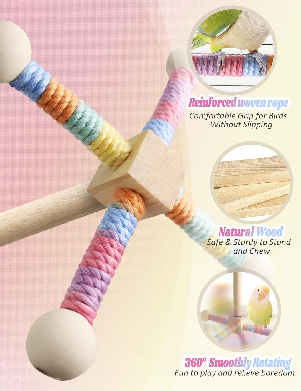 Bird Stand Perch Toy for Small & Medium Birds, 360° Rotating Natural Wooden Parrot Perchs for Bird Cages, Interactive Spinning Toy fo Parrot Parakeets Cockatiels Lovebirds Conures Finches Budgies