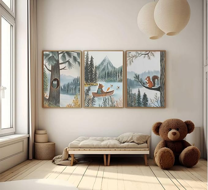 3Pcs Woodland Animal Nursery Canvas Wall Art Cute Watercolor Forest Wild Animals Bear Owl Squirrel Painting Picture Wall Decor Poster Print Artwork for Boy Girl Kids Bedroom Home Decoration Unframed