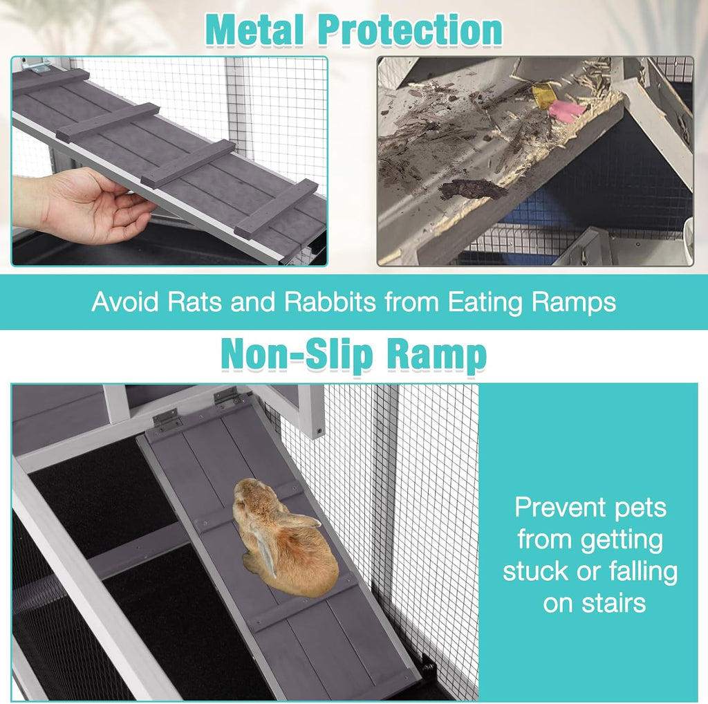 62" Rabbit Hutch with Chew-Proof Ramp & Waterproof Roof - Indoor/Outdoor Bunny Cage, 2-Story Design, 6 Lockable Caster Wheels & Dual Pull-Out Trays (Grey)
