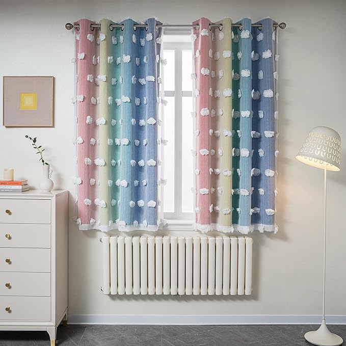 MYSKY HOME Rainbow Curtains for Boys Bedroom Kids Curtains 54 Inches Length White Pom Pom Sheer Small Window Curtains Nursery 2 Panels Double Layer Curtains Grommet Room Darkening Curtains, W52 X L54