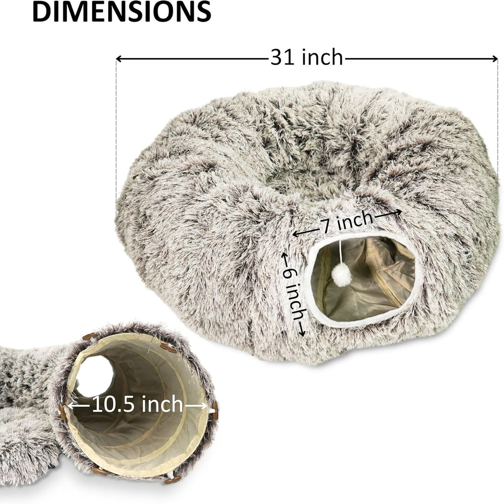 Cat Donut Bed with Washable Cushion – Cat Caves for Indoor Cats – Collapsible Donut Bed with Peekaboo Pet Tunnel Toy – Cozy Hideout for Kittens, Ferrets, Rabbits & Dogs - Brown