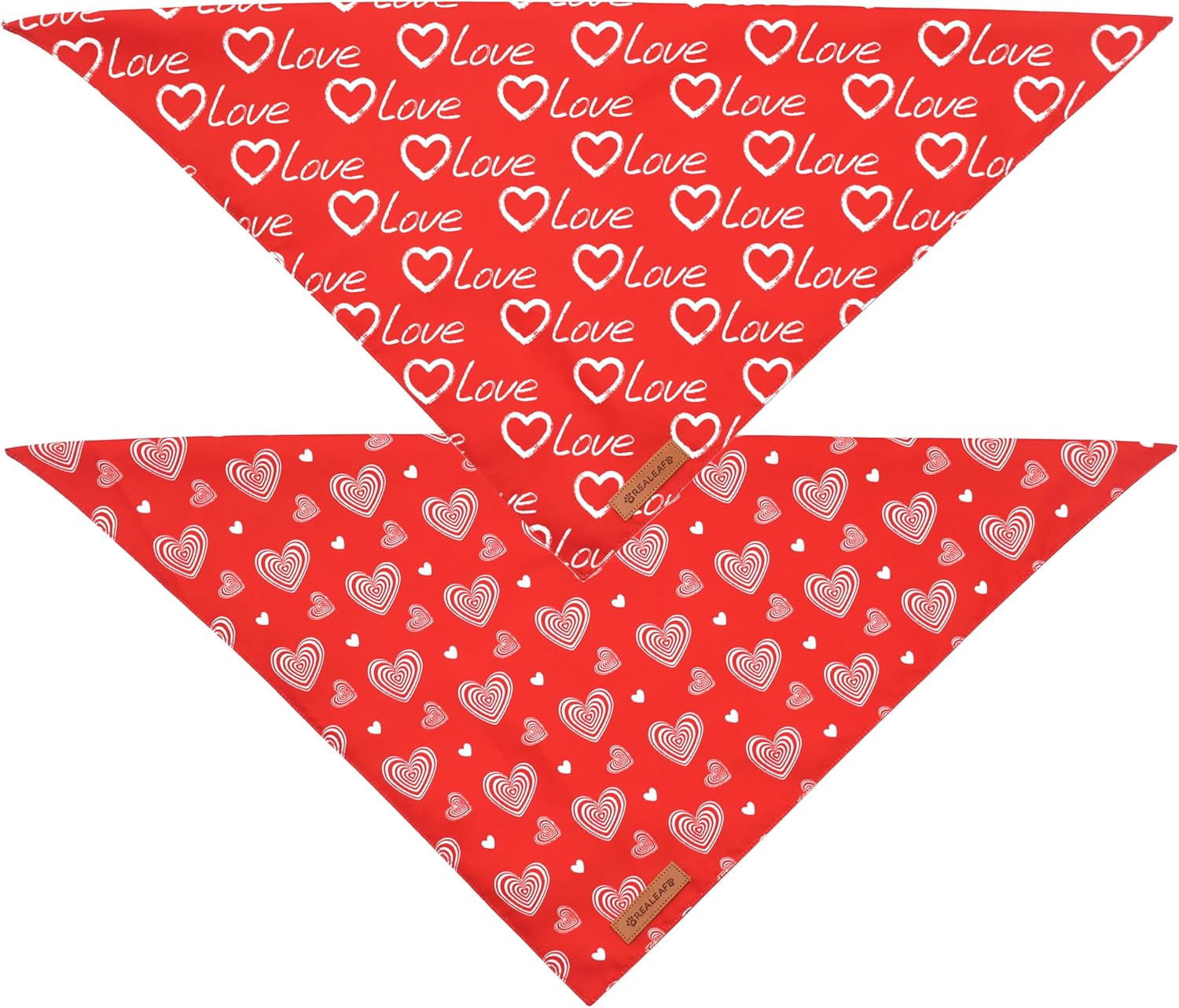 Realeaf Valentines Day Dog Bandanas 2 Pack, Reversible Love Pet Scarf for Boy and Girl, Premium Durable Fabric, Heart Bandana for Medium Large Dogs (Large)