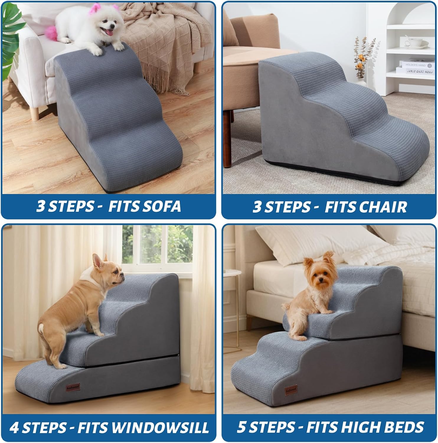 Dog Stairs and Ramp for High Bed, 5-Step Dog Steps for Small Dogs and Cats,Non-Slip Pet Stairs Suitable High Bed Climbing