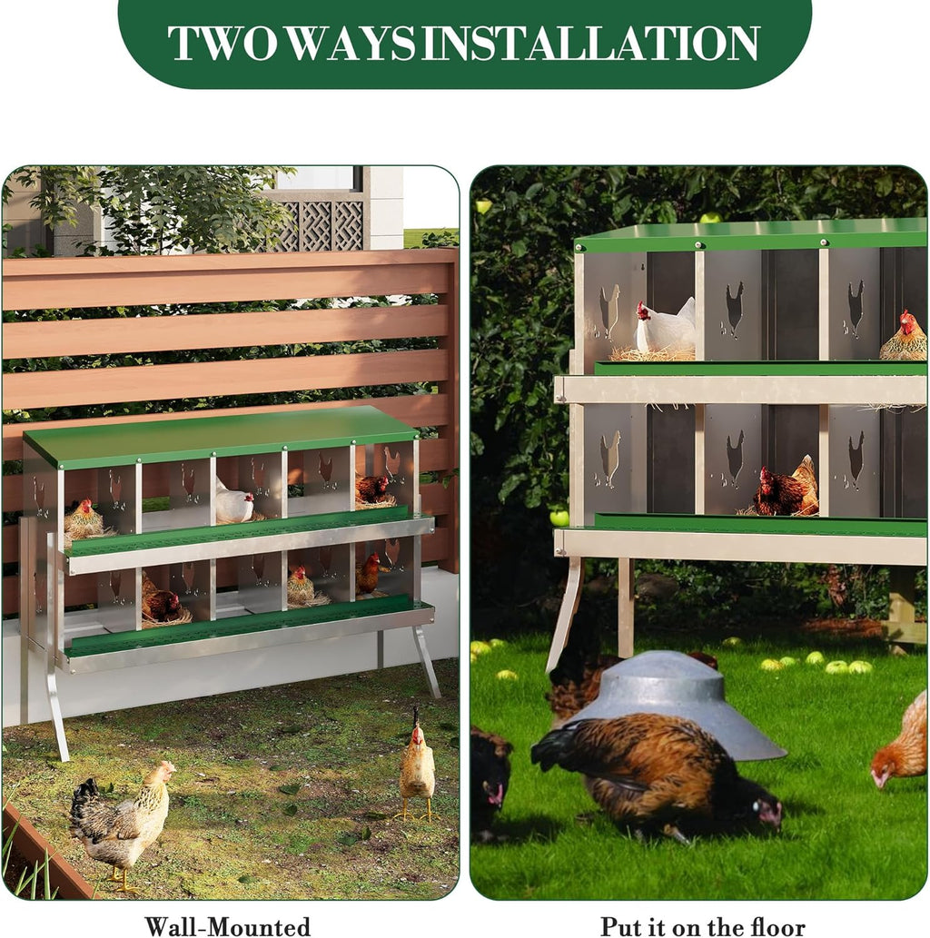 10 Hole Chicken Nesting Box with Roll Out Egg Tray, Rustproof & Ventilated Chicken Laying Boxes for Hens, Chickens, Ducks | Easy-Clean Poultry Coop Accessories, Green with Stand