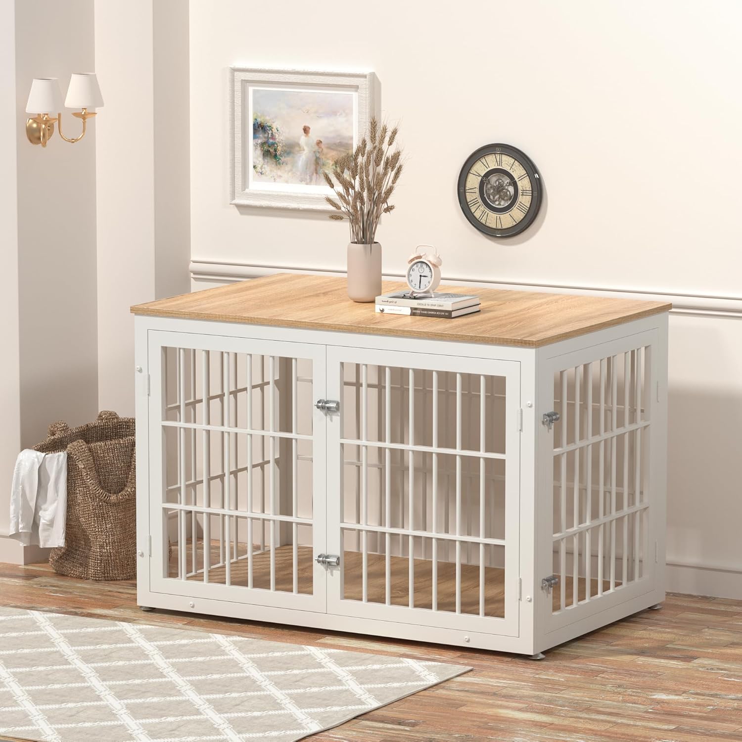 48 Inch Heavy Duty Dog Crate Furniture for Large Dogs, Decorative Pet House End Table, Extra Large Wooden Cage Kennel Furniture Indoor, Natural and White