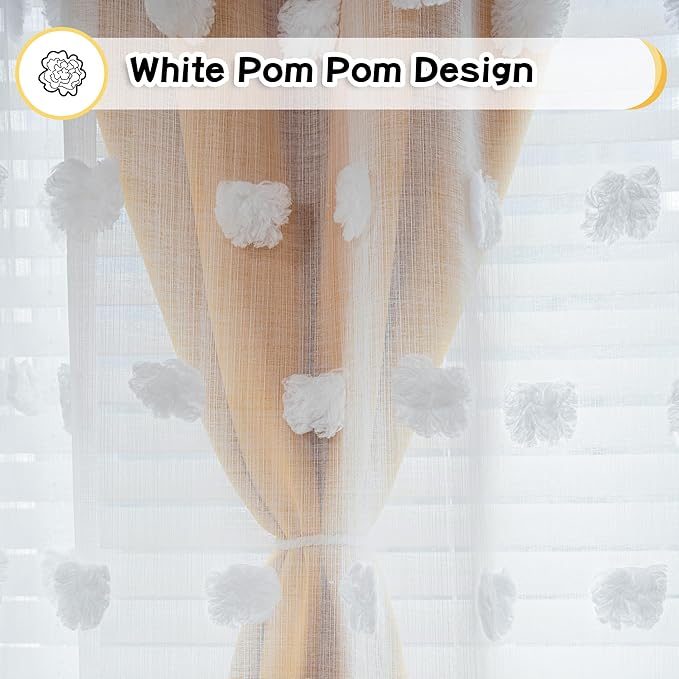 MYSKY HOME Yellow Curtains 90 Inch Long for Bedroom Nursery Curtains for Kids Room Double Layer Curtains for Living Room White Pom Pom Sheer Curtains Grommet Room Darkening Window Panels 52" x 90"