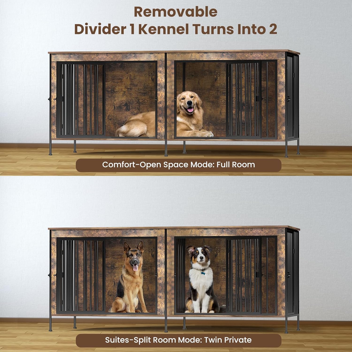 Dog Crate Furniture 78" for 2 Dogs Sturdy Heavy Duty Dog Kennel Solid Metal Tube Thick Wooden with 3 Lockable Doors XXL Double Dog Cage Large Breed as End Table for Large Dogs Rustic Brown