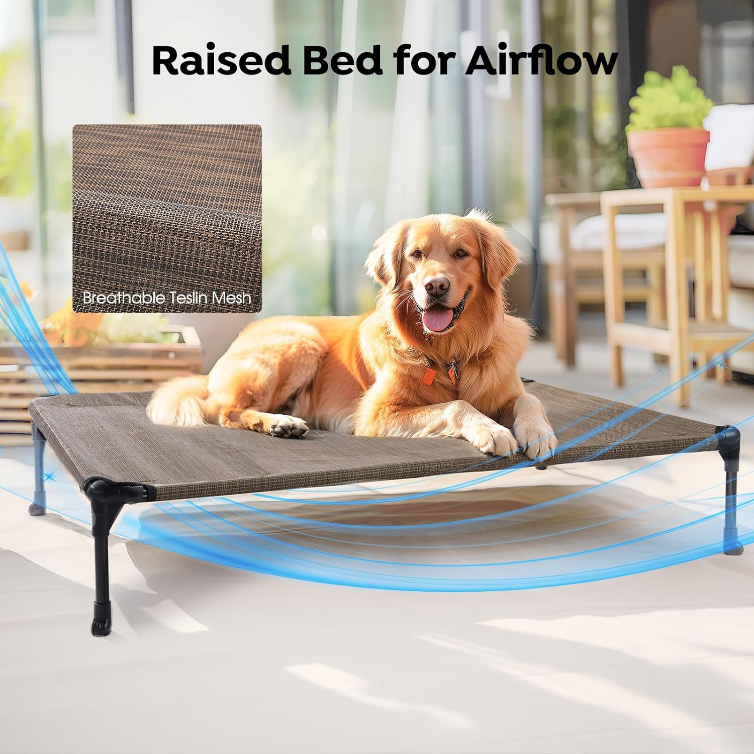 Veehoo Cooling Elevated Dog Bed Add Removable Waterproof Bolster Cushion Mat, Raised Pet Cot with Breathable Teslin Mesh, No-Slip Feet, Dog Sofa Bed for Indoor Outdoor, Medium, Brown CWC2331B