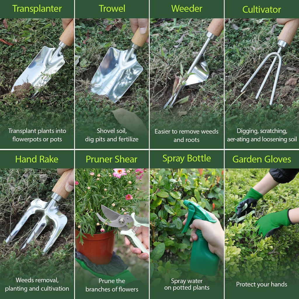 Garden Tool Set, 10 Piece Kit with Heavy Duty Folding Stool, Detachable Storage Tote Bag, Stainless Steel Tools, Gifts for Women Men Green