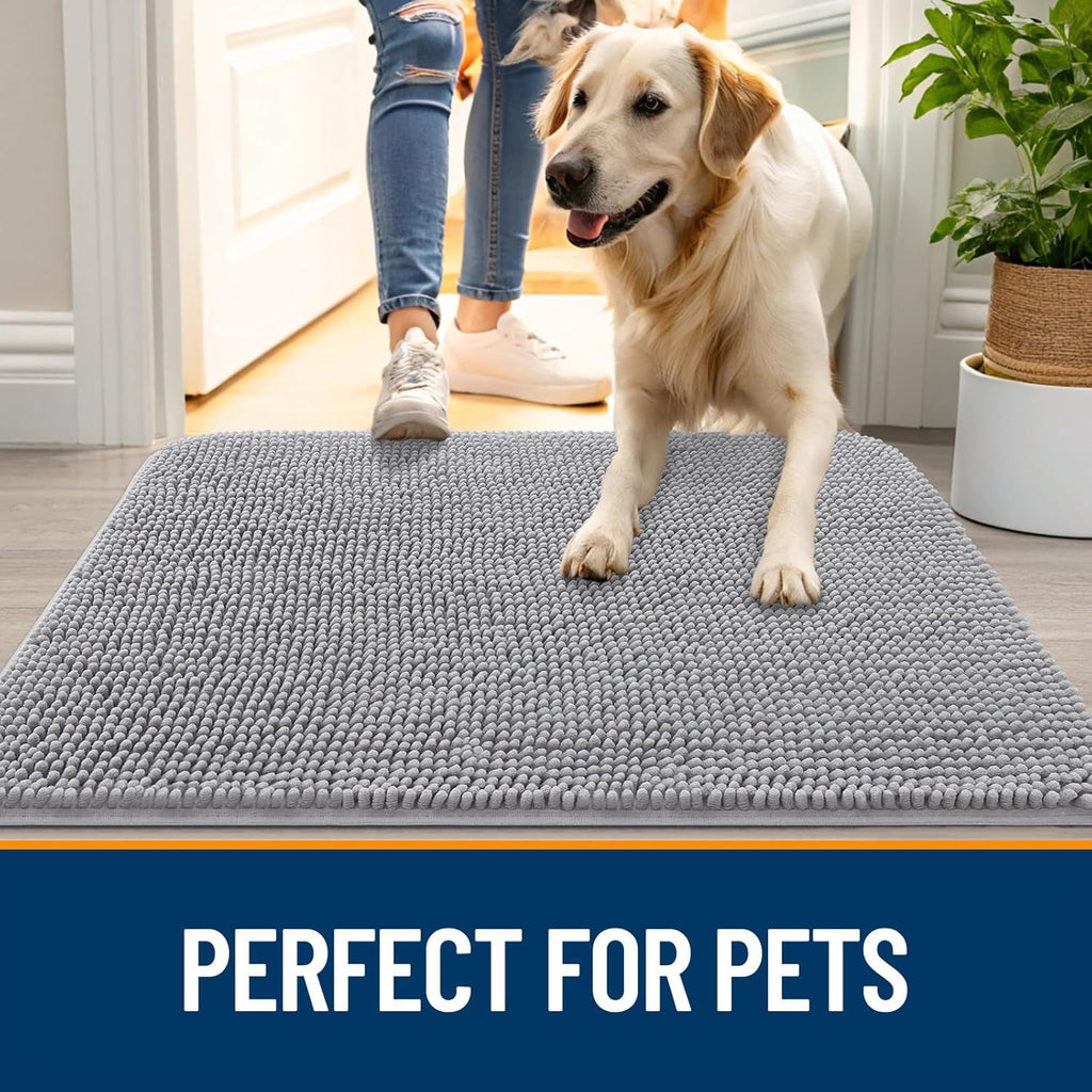OLANLY Dog Door Mat for Muddy Paws 24x16, Absorbs Moisture and Dirt, Absorbent Non-Slip Washable Doormat, Quick Dry Chenille Mud Mat for Dogs, Entry Indoor Entryway Carpet for Inside Floor, Light Grey