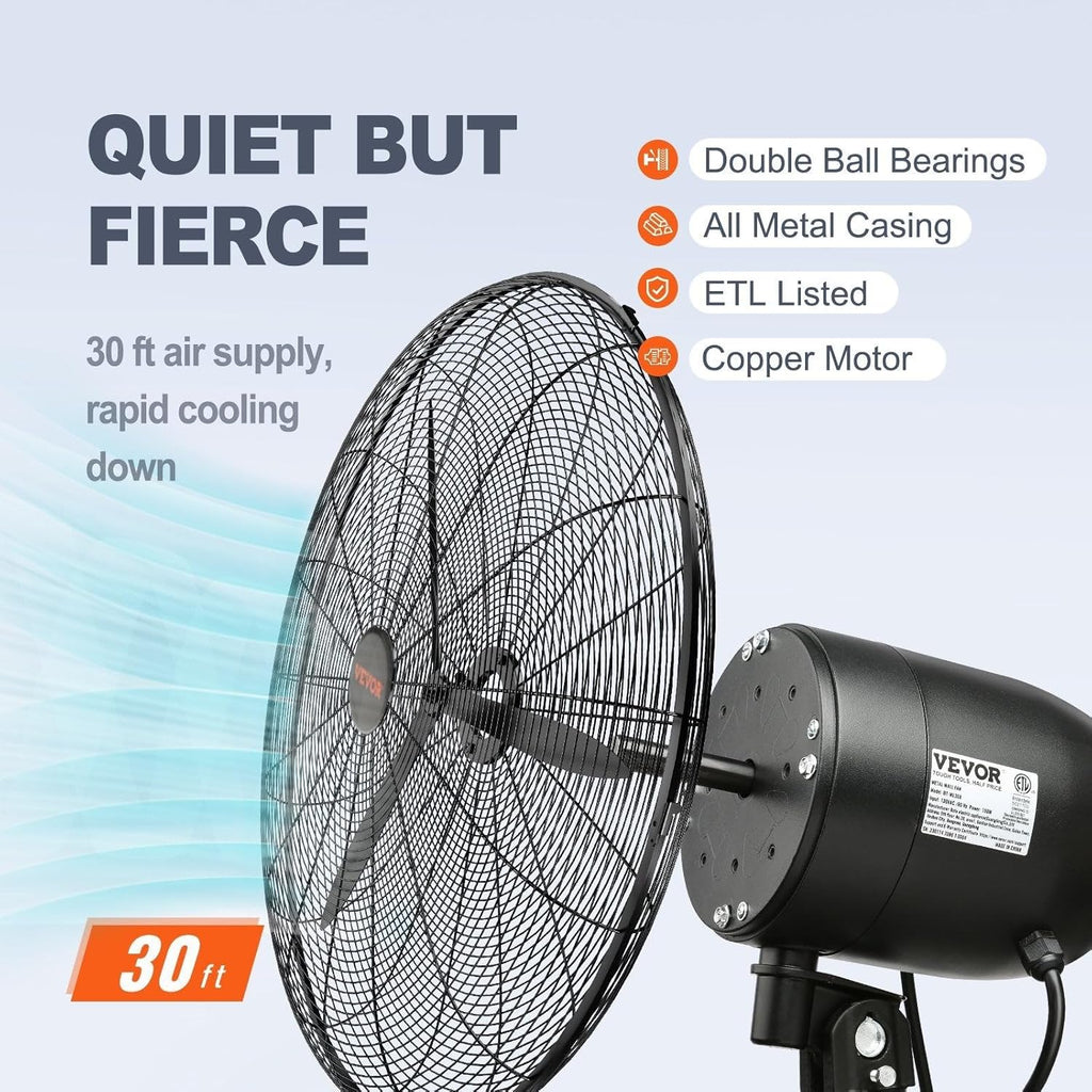 VEVOR 24 Inch 3-Speed 7000 CFM Black Waterproof Wall Mount Oscillating Fan
