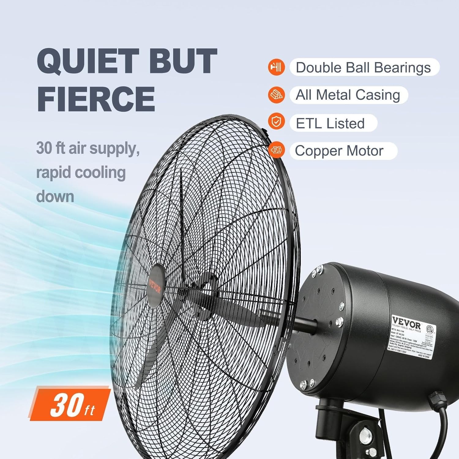 VEVOR 24 Inch 3-Speed 7000 CFM Black Waterproof Wall Mount Oscillating Fan
