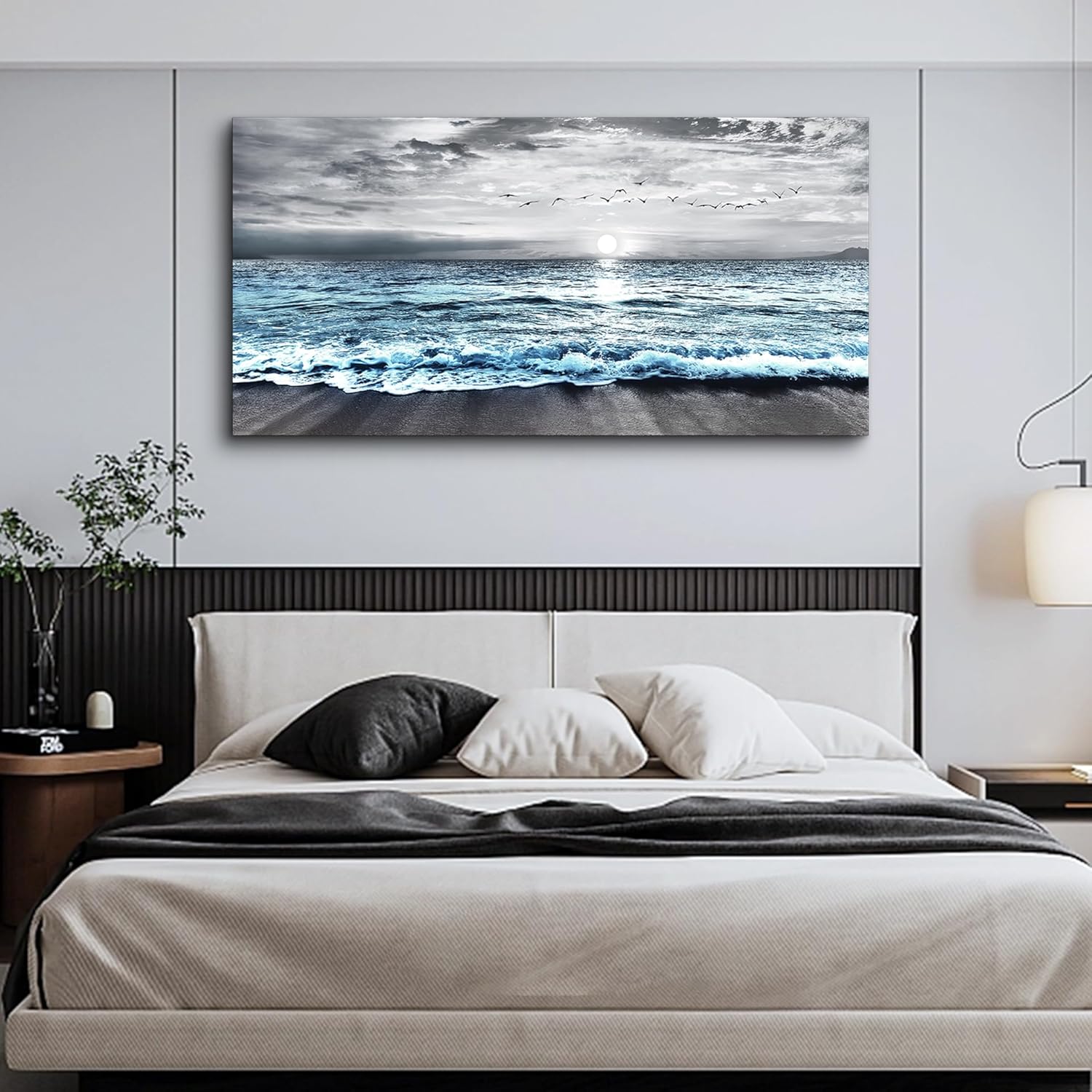 Lapremoly Black And White Beach Wall Painting Canvas Wall Art For Living Room Large Wall Decor For Bedroom Office Wall Decorations Blue Ocean Sea Wave landscape Pictures Artwork Posters Home Decor
