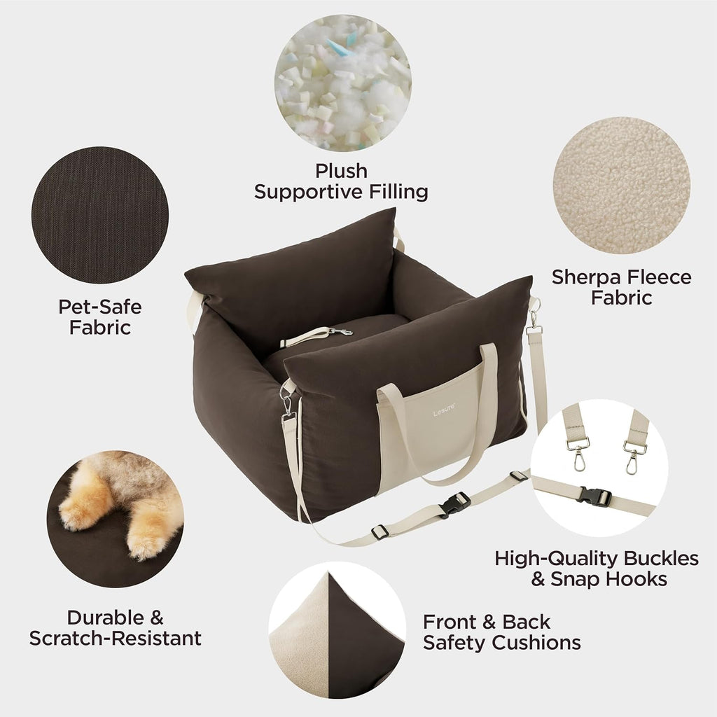 Lesure Small Dog Car Seat for Small Dogs - Soft Dog Booster Seat for Car with Storage Pocket and Clip-On Safety Leash and Thickened Memory Foam Filling, Pet Travel Carrier Bed Brown