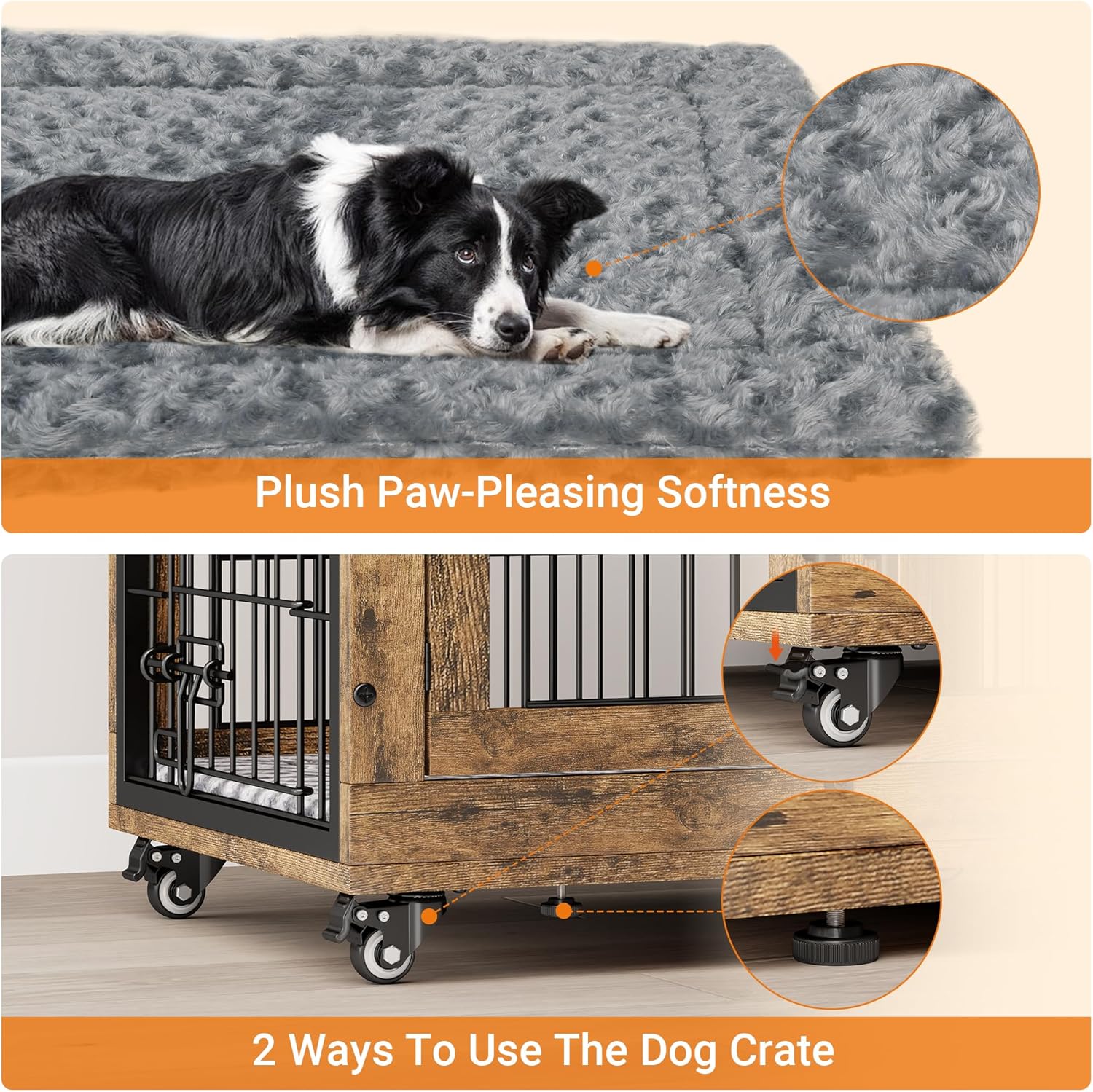 Lulive Small Dog Crate Furniture, Dog Kennel Indoor Double Doors Wooden Dog Cage, 27.1'' Heavy Duty Dog Crate with Cushion & Wheels, Decorative End Table Pet House Chew-Resistant for Small Dogs, Brown