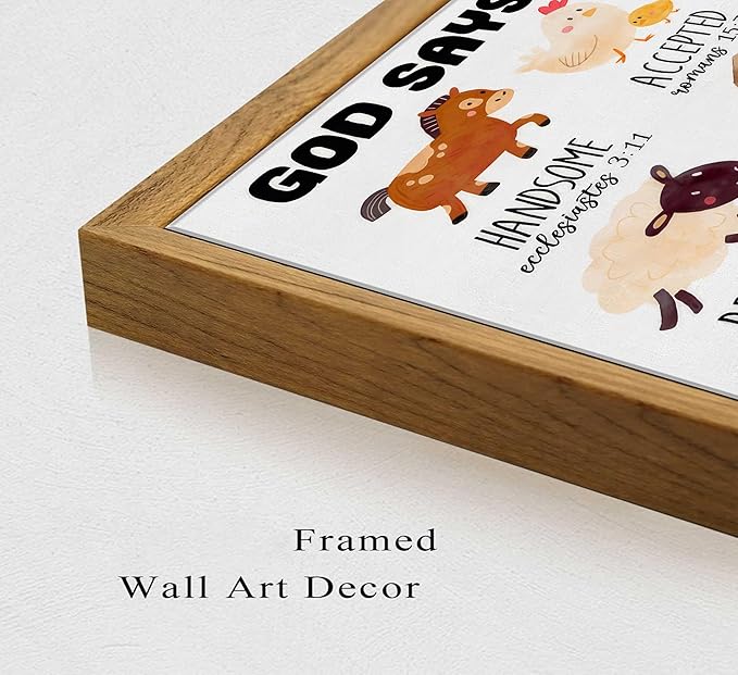 Framed Christian Nursery Canvas Wall Art God Says I Am Inspirational Bible Verses Farm Animals Painting Pictures Wall Decor Posters Prints Artwork For Kids Girls Bedroom Playroom Baby Room