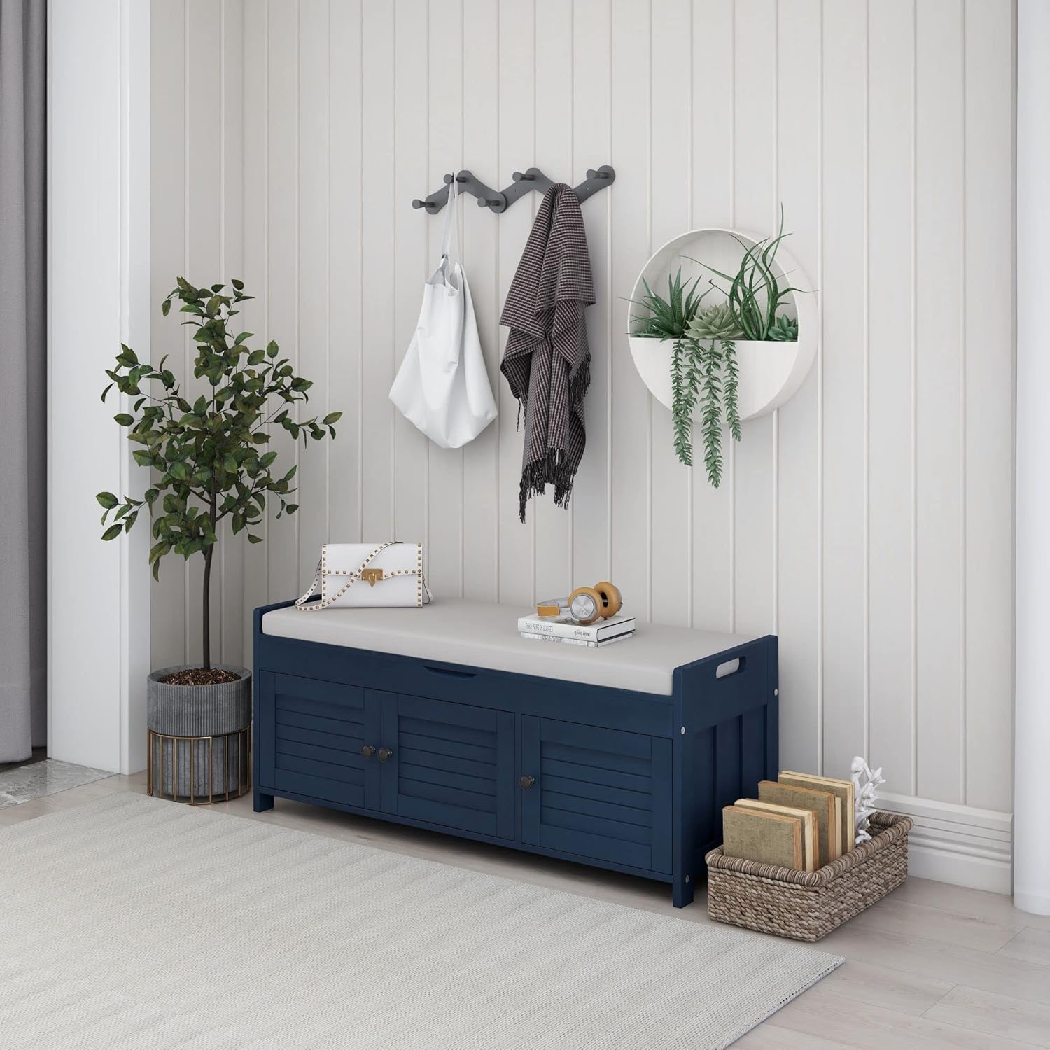 Storage Bench with 3 Shutter-Shaped Doors, Pine Wood Shoe Bench with Removable Cushion and Hidden Storage Space for Entryway Living Room 43.5" L * 16" W * 18" H, Antique Navy