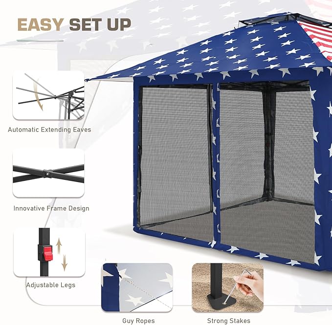 EAGLE PEAK 13x13 Pop Up Gazebo with Mesh Netting, Easy Up Screened Canopy for Patio and Backyard, Easy Set up Outdoor Gazebo (American Flag)