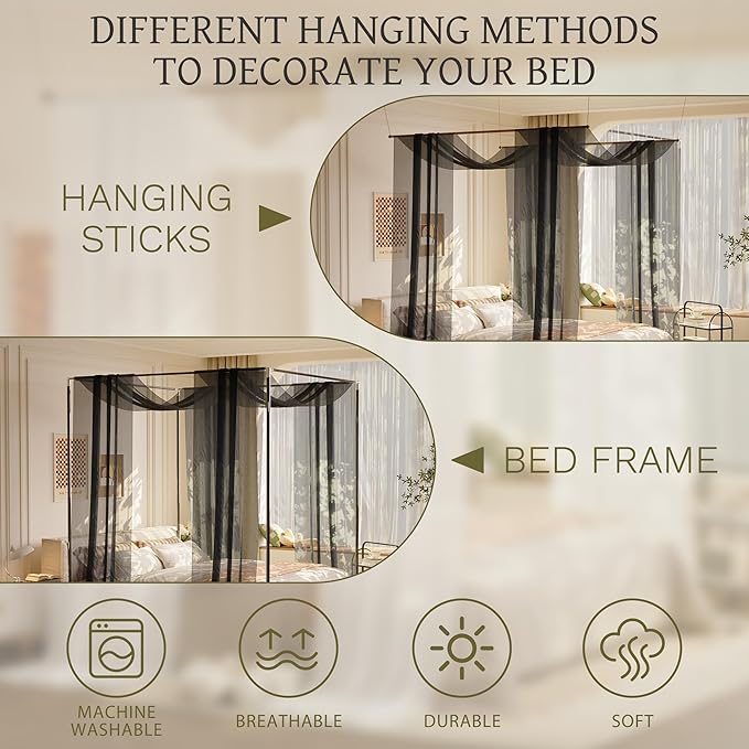 lazyzzz Black Canopy Bed Curtains for Full/Queen Metal/Wood Canopy Bed Frame, Princess Bed Canopy Scarf for Girls-2 Panel Sheer Curtain 39.4" W x 315" L